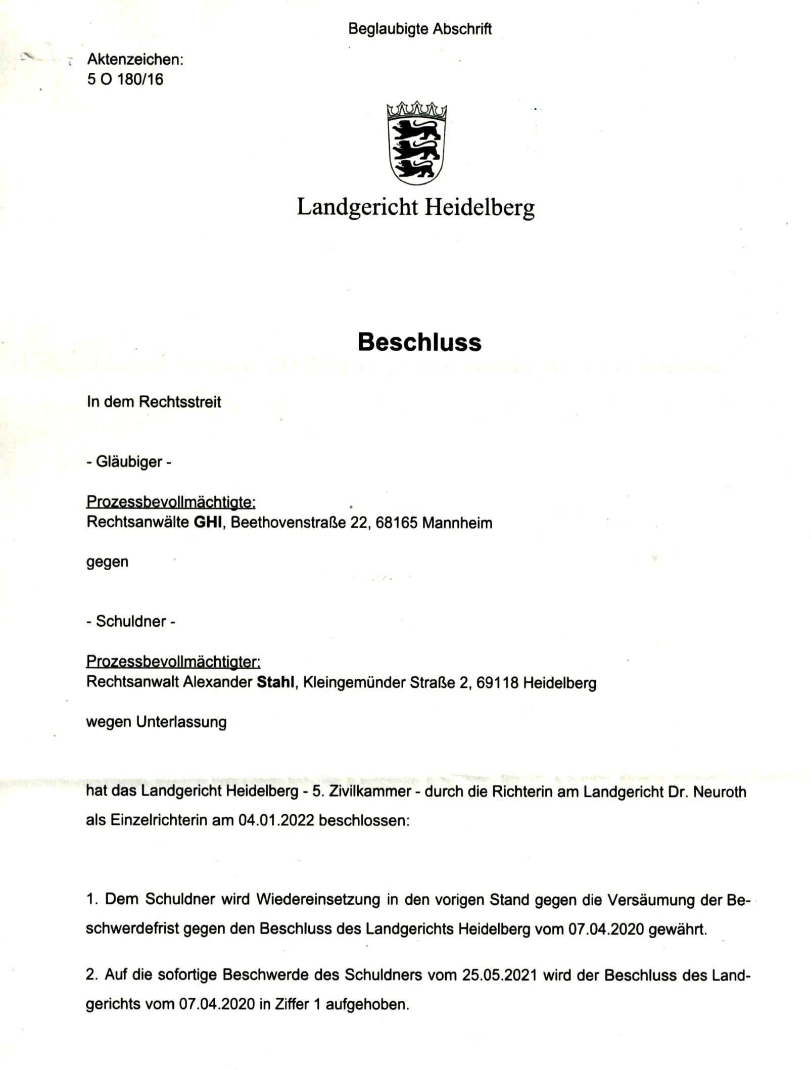 Beschluss 5 O 180/16 des Landgericht Heidelberg vom 05.01.2022, Seite 1