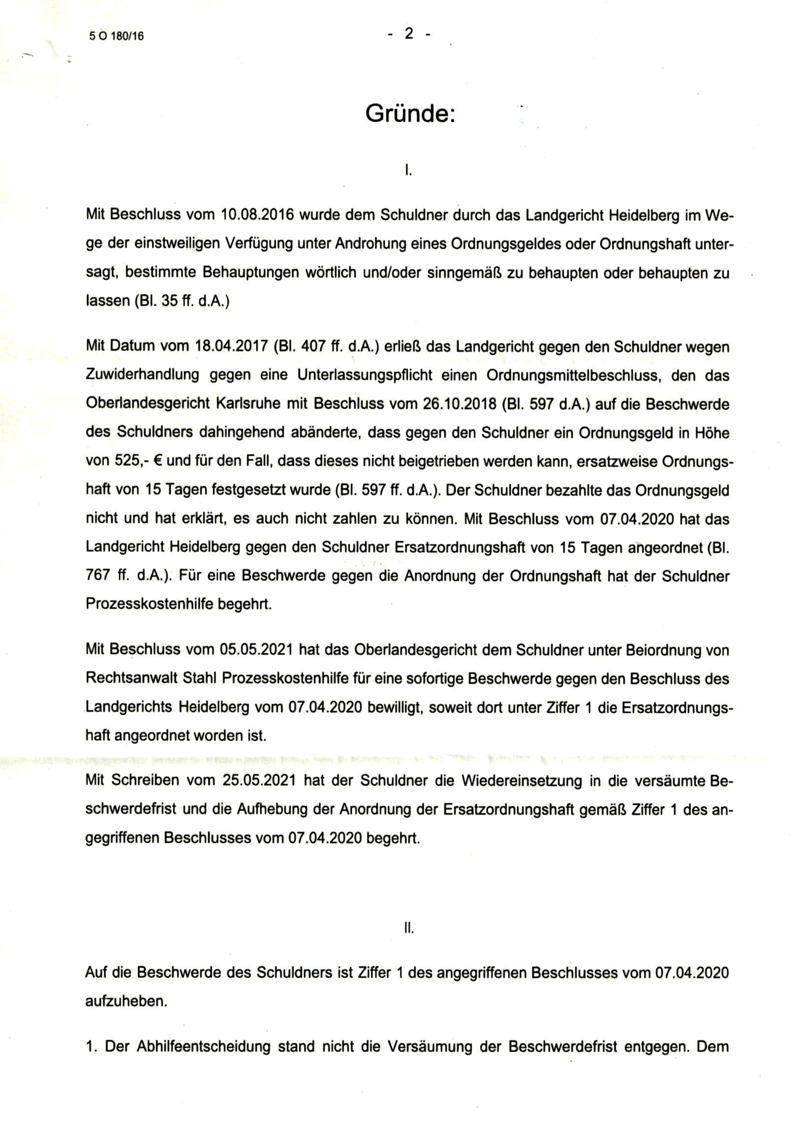 Beschluss 5 O 180/16 des Landgericht Heidelberg vom 05.01.2022, Seite 2