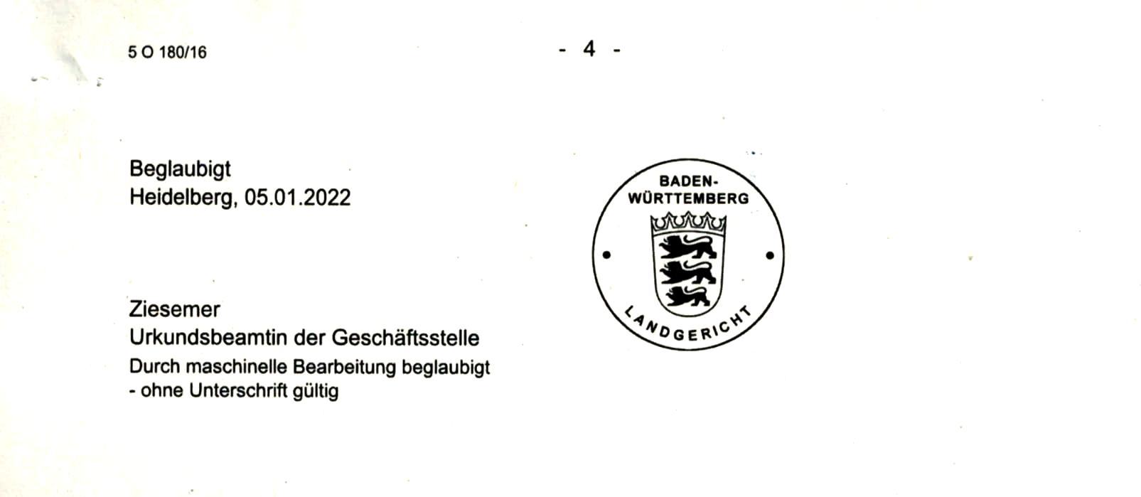 Beschluss 5 O 180/16 des Landgericht Heidelberg vom 05.01.2022, Seite 4